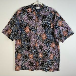 Vintage 90s Abstract Tribal Print Button Up Shirt XL Retro Art Festival Hawaiian